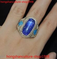 China silver Inlay blue gemstone Cloisonne Jewelry Hand Ring Adjustable Size