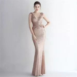 Damen Perlenkleid lang Ballkleid tiefer V-Ausschnitt grau Pailletten Abendkleid - Bild 1 von 19