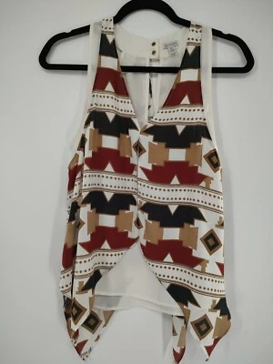 Guess Top Mujer Pequeño Marfil Sin Mangas Tribal Occidental Azteca Vaquera Cuello en V Y2K Foto 1 de 4