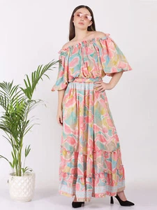Women Casual Off Shoulder Printed Long Puff Sleeve Fit & Flare Frill Maxi Dress - Foto 1 di 12