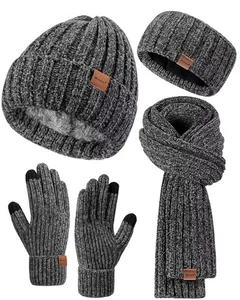 Damen Beanie Schal Handschuhe Stirnband Set Chenille Wintermützen Fleece Gefüttert Ohr... - Bild 1 von 6