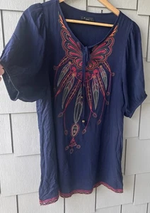 Forever 21 Embroidered Navy Blue Blouse Women’s Size Med Boho Festival Peasant - Picture 1 of 19
