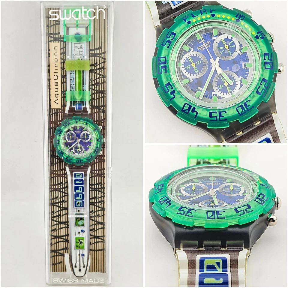 SWATCH Aqua Chrono SCN104 1996 "Control Panel" NEON Green NOS New Unworn - Immagine 1 di 4
