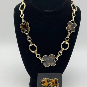 Ann Taylor Faux Tortoise Shell Clover Leaf Statement Necklace & Earrings Set - Picture 1 of 15