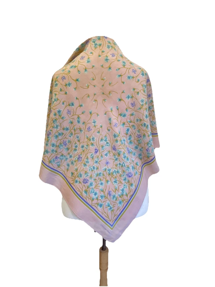 Y# Christian Dior Bufanda Floral Seda Vintage Rosa Pastel Azul Estampado Botánico Foto 1 de 4
