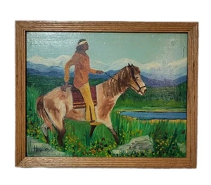 Vintage Western Native American Oil Painting Signed Hinarosa Horse Landscape - Picture 1 of 8
