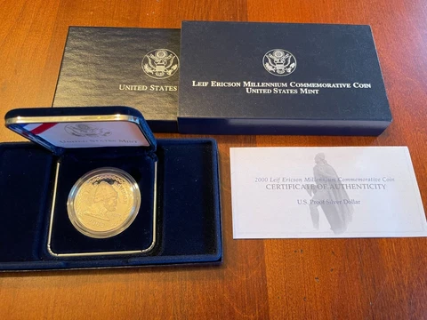2000 US Mint Leif Ericson Proof Silver Dollar with box and COA Cover