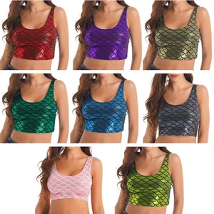 FEESHOW Women Shiny Mermaid Sleeveless Scoop Neck Crop Tank Tops Casual Sports - Picture 1 of 88