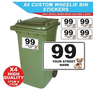 4x Wheelie Mülleimer Haus Nummer Aufkleber Straßenname maßgeschneidert Chihuahua - Bild 1 von 4