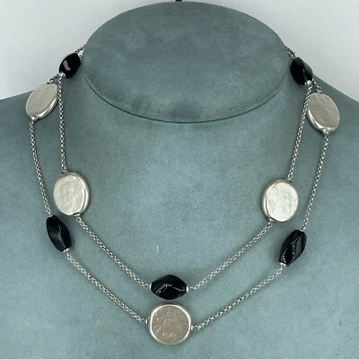 Majorica 925 sterling silver necklace black onyx beaded faux coin pearl layered - Image 1 of 4