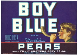 Original scarce BOY BLUE pear crate label Fruit Growers Service Wenatchee Wash - Picture 1 of 1