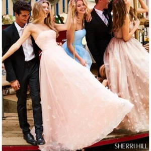 NWT Sherri Hill Blush Pink Strapless Satin Ball Gown Tulle Flower Applique 2 - Picture 1 of 9