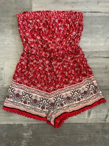 New Look Petite Romper 4P Small Red Festival Boho Playsuit Border Strapless - Picture 1 of 7