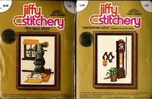 JIFFY STITCHERY GRANDFATHER CLOCK #385 POT BELLY STOVE #387 NEW AND SEALED!! - Picture 1 of 2