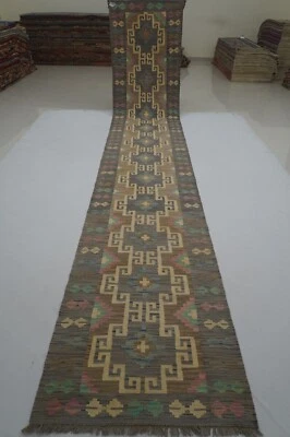 Alfombra de corredor tribal reversible de lana tejida a mano gris afgana de 3 x 16 pies 2'10x16'4" Foto 1 de 4