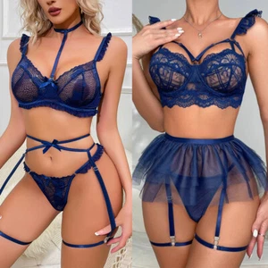 Women Lingerie Set with Garter Belts Sexy Bra Panty Set Lace Teddy Sleepwear Set - Picture 1 of 14