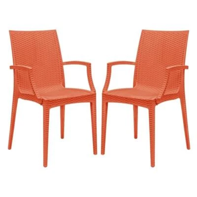 LeisureMod Modern Weave Mace Indoor Outdoor Dining Armchair in Orange Set of 2 - Image 1 of 4