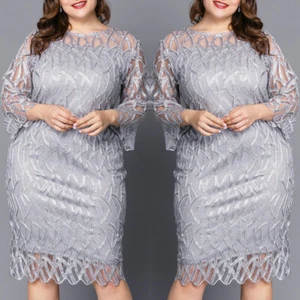 Plus Size Women Lace Midi Dress Bodycon Ladies Evening Cocktail Party Ball Gown - Picture 1 of 16