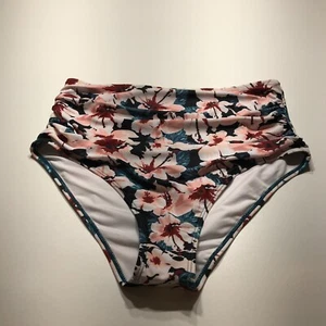 NWOT Black Pink Floral Swimsuit Bottom Ruched High-Waisted Womens Size Large - Picture 1 of 8