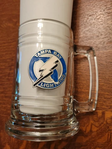 Tampa Bay Lightning Pewter Medallion Logo Stein Mug NHL 5.25" Tall Clear Glass Cover