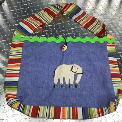 Mimi Large Denim Multi-Colored Striped 2 Pockets Inside Tote Canvas Elephant - Image 1 of 4