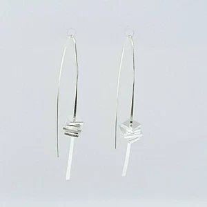 Solid 925 Sterling Silver Drop Dangle Earrings Flat Square Beads Long 50mm Hooks - Picture 1 of 10