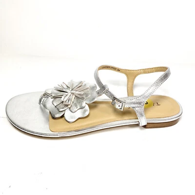Talbots Women’s Flat Sandals Ankle Strap Silver Leather Flower Size 8 M New - Image 1 of 4
