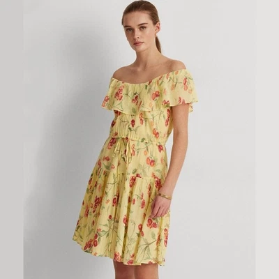 Vestido Lauren Ralph Lauren Mujer Amarillo Floral Volantes Fuera del Hombro Talla 10 Foto 1 de 4