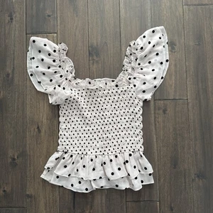By the River Off White & Black Polka Dot Smocked Ruffle Peplum Top S - Bild 1 von 3