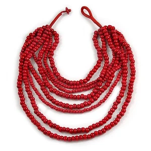 Multistrand Layered Bib Style Wood Bead Necklace In Red - 40cm Shortest/ 70cm - Picture 1 of 6
