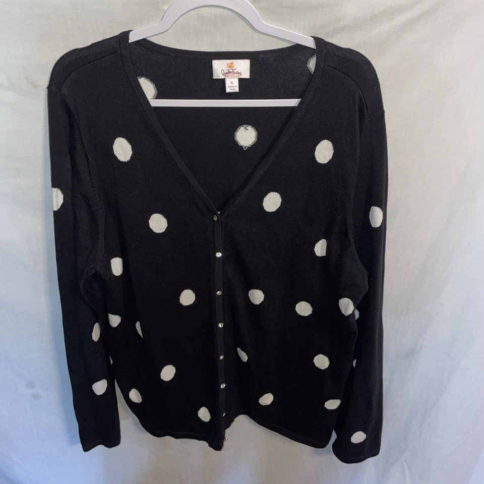 Quacker Factory Women’s V Neck Cardigan Size XL Black Dotted Faux Jewel Buttons  - Image 1 of 4