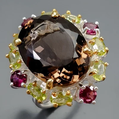 宝石 24 克拉天然烟熏石英戒指 925 纯银 8 码 /R410388 — 第 1/4 张图片