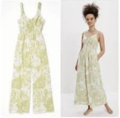 Mono American Eagle Mujer Calado Tropical Floral Verde Pierna Ancha Bolsillos L Foto 1 de 4