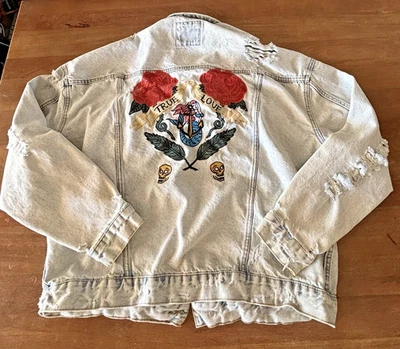 Zara Man Embroidered Distressed Jeans Jacket Acid Wash Blue Mens Size Large - Image 1 of 4