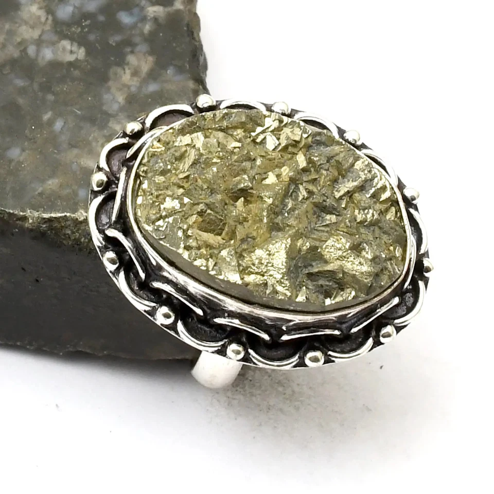 Joia anel étnica feita à mão com pedra preciosa drusa pirita Apache tamanho EUA-6,75 AR 41624 - Imagem 1 de 1