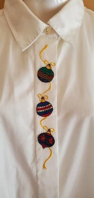 Talbots Vintage Holiday Christmas Embroidered Ornaments  White Shirt Women's Med - Image 1 of 4