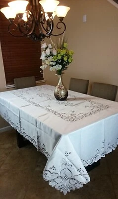 Polyester 72x126" Embroidery Handmade Rosebud Rectangle Tablecloth 12 Napkins - Image 1 of 4