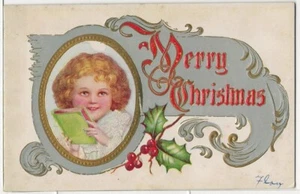 Vintage Embossed Postcard Christmas Girl Book Holly - Picture 1 of 2