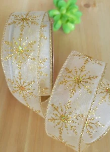 1.5 Inch (1 YD) Wired Christmas Ribbon Gold Snowflake Gift Wrap Bows Wreaths - Picture 1 of 1