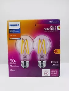 Philips A19 60W Ultra Definition Dimmable 8W LED Light Bulb Soft White 2 Pack - Picture 1 of 2