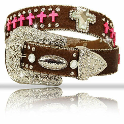 XS S M L o XL Marrón CUERO PELO Concho Rosa Cruz OCCIDENTAL Vaquera Hebilla Cinturón  Foto 1 de 1