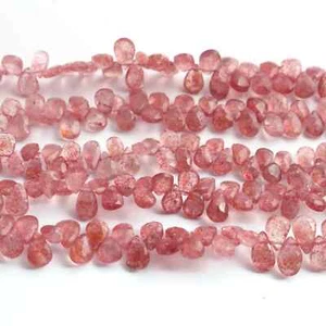 1 Strand Pink Strawberry Faceted Briolettes - Red Rutile Pear Shape Briolettes - Picture 1 of 1