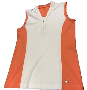 Womens Golf Shirt Sleeveless Size M Dockers Pullover V Neck 1/4 Zip Orange White - Picture 1 of 11