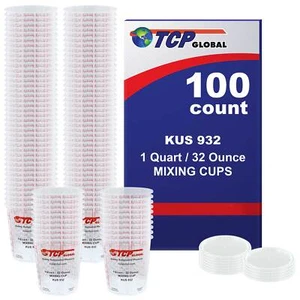 32-Ounce (1 Quart) Paint & Epoxy Mixing Cup Calibrated Ratios - 100 Cups/12 Lids - Picture 1 of 5