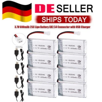 4 x 3,7V 600mAh 25C Lipo-akku XH2.54 Stecker mit USB Ladekabel für RC Drohne - Bild 1 von 4