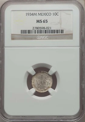MEXICO ESTADOS UNIDOS 1934 10 CENTAVOS COIN CERTIFIED GEM UNCIRCULATED NGC MS-65 - Image 1 of 2