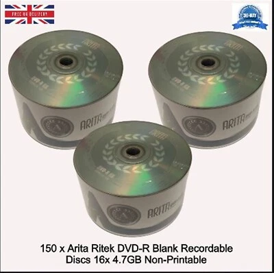 150 x Arita Ritek DVD-R 8x Blank 4.7GB Non-Printable Recordable Logo Blank Disc - Image 1 of 4