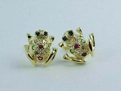 Lab Created Round Emerald Sapphire Ruby 14K Yellow Gold Over Frog Stud Earrings - Image 1 of 4