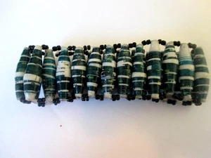 Stretch Cuff Bangle Bracelet Teal Green & White Recycled Paper Beads 7" Flat - Picture 1 of 3