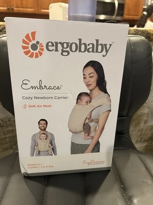 Ergobaby 拥抱舒适新生儿背带,7-25 磅,柔软空气网,奶油色,全新 — 第 1/4 张图片